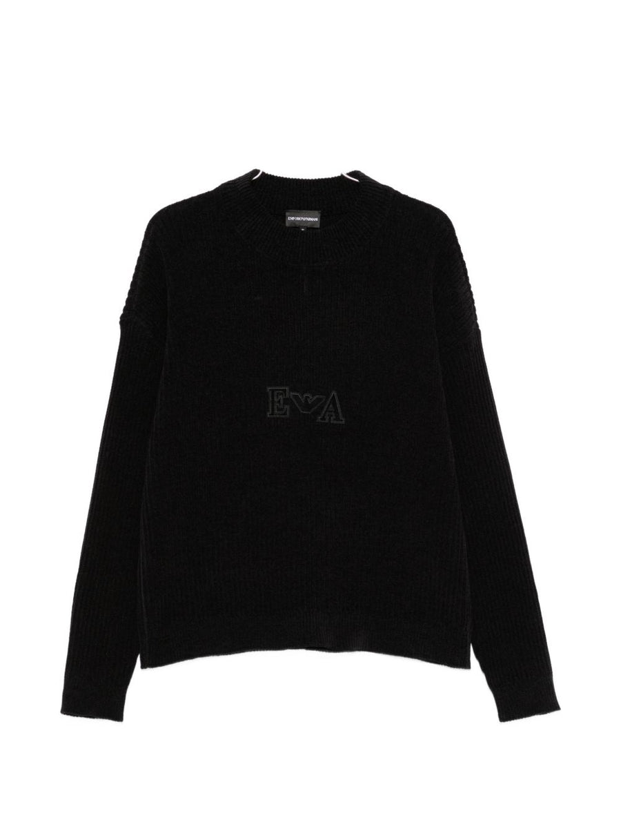 Emporio Armani Ribbed Knit with Embroidered Logo Sweater — Black
