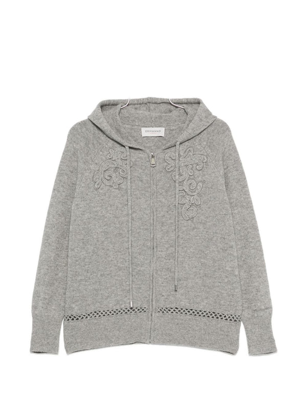 Ermanno Firenze Floral-Embroidered Knit Hoodie — grey