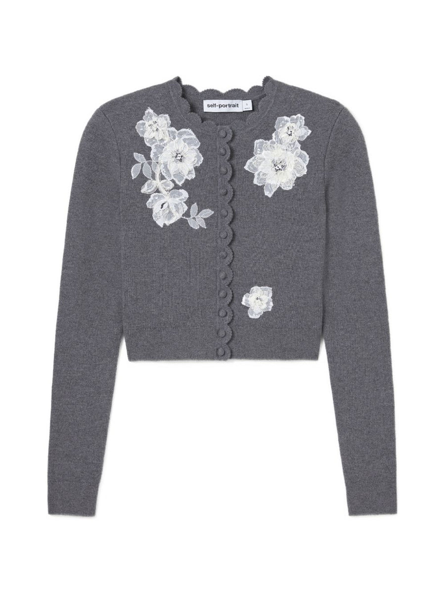 Self-Portrait Lace-Embellished Cardigan — Charcoal