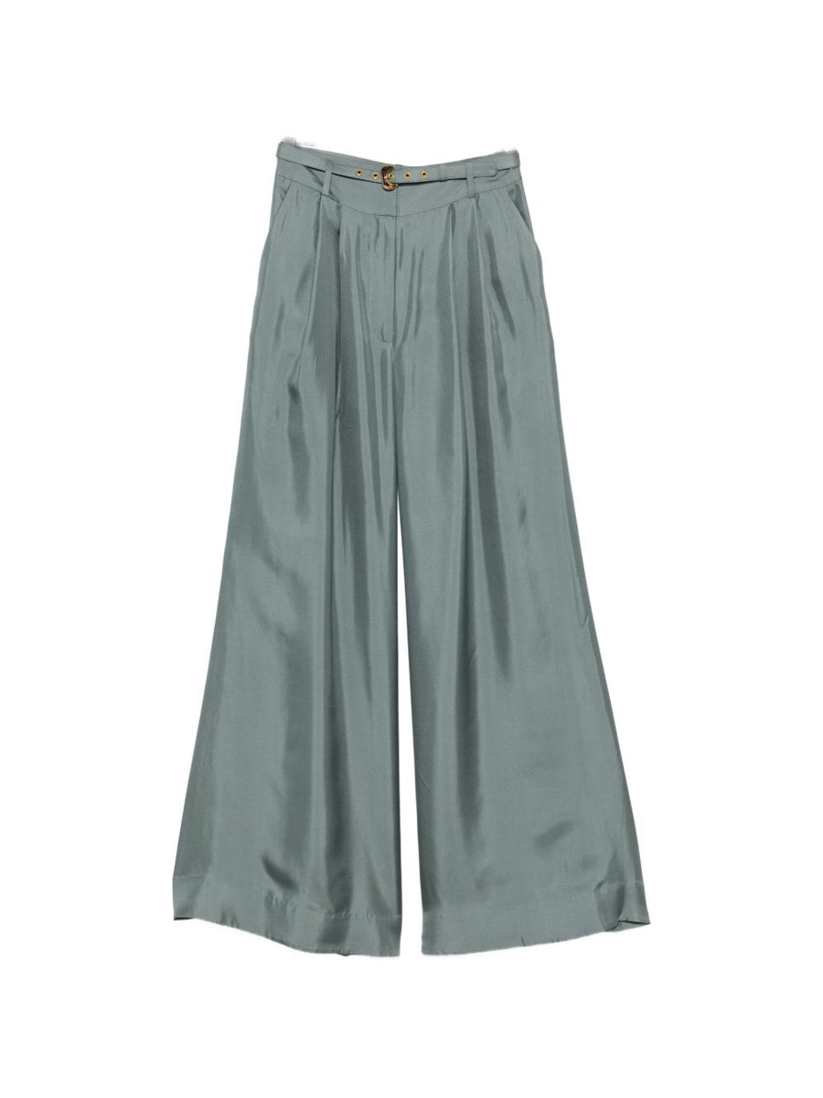 Zimmermann Pleated Wide-Leg Silk Trousers — Sage