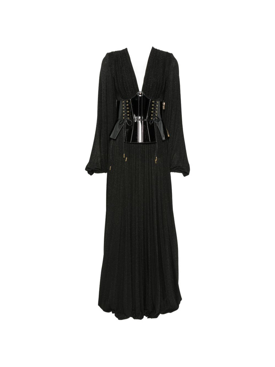 Elisabetta Franchi Lurex Pleated Maxi Dress — Black