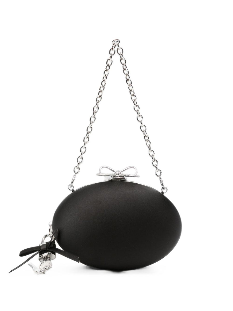Self-Portrait Satin Oval with Bow Padlock Charm Clutch — Black