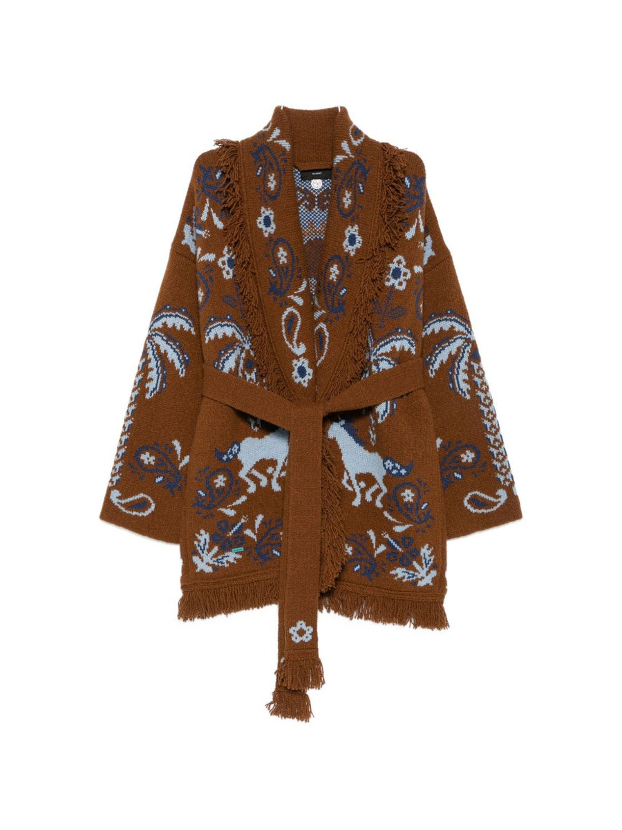 Alanui Intarsia Knit Fringe Cardigan — Brown