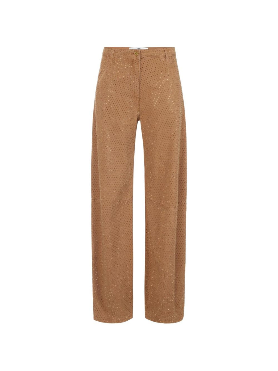 Elisabetta Franchi Rhinestone-Embellished Denim Trousers — camel