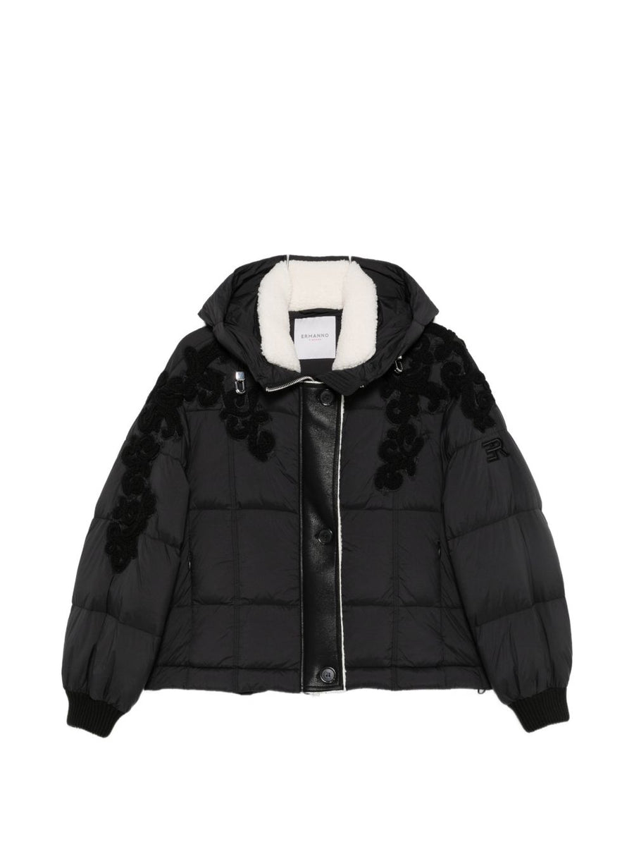 Ermanno Firenze Floral-Appliqué Quilted Down Jacket — Black