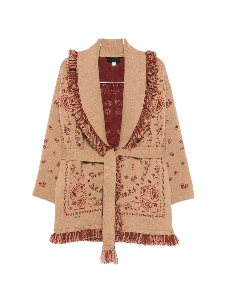 Alanui Bandana-Print Cashmere Cardigan — Camel