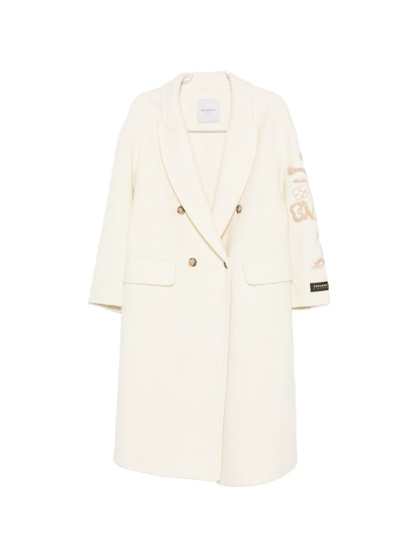 Ermanno Firenze Floral-Embroidered Wool Coat — Cream