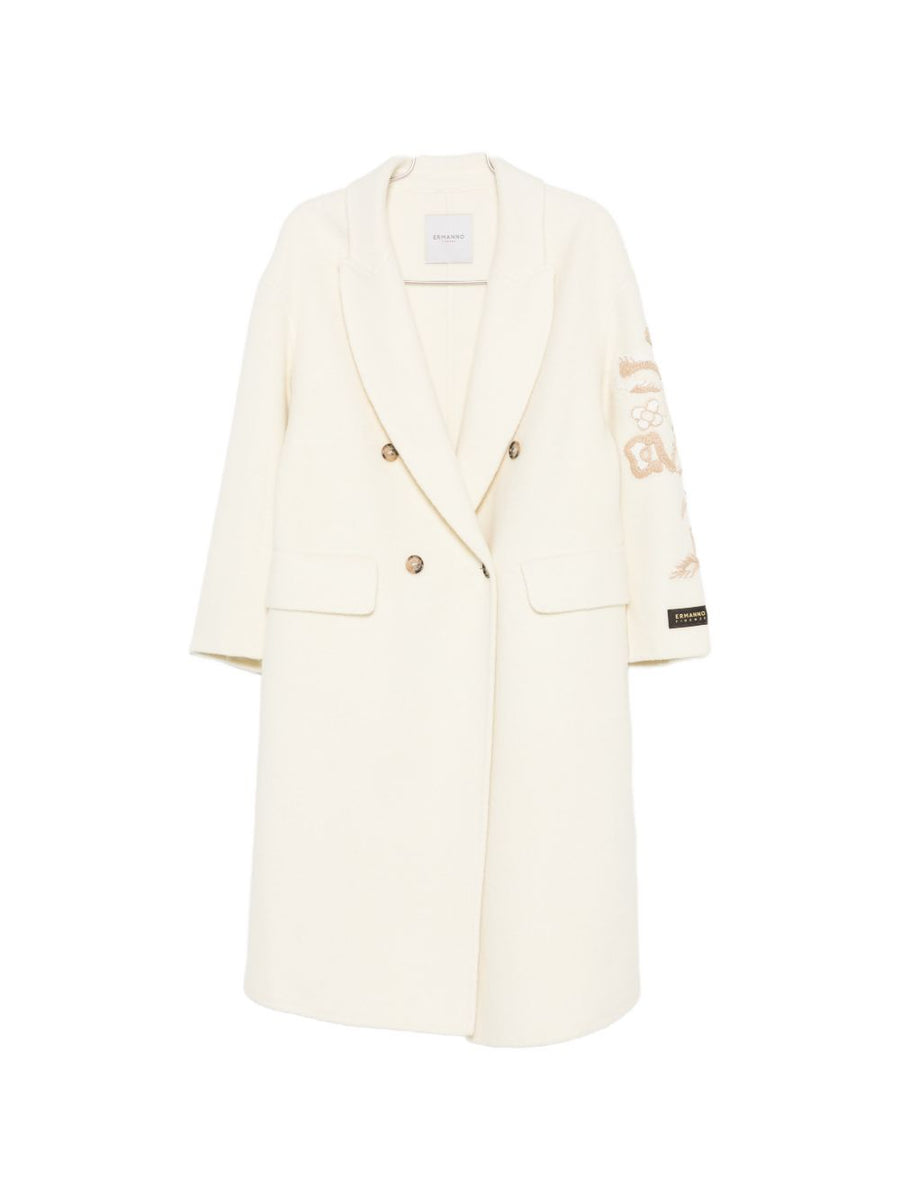 Ermanno Firenze Floral-Embroidered Wool Coat — Cream