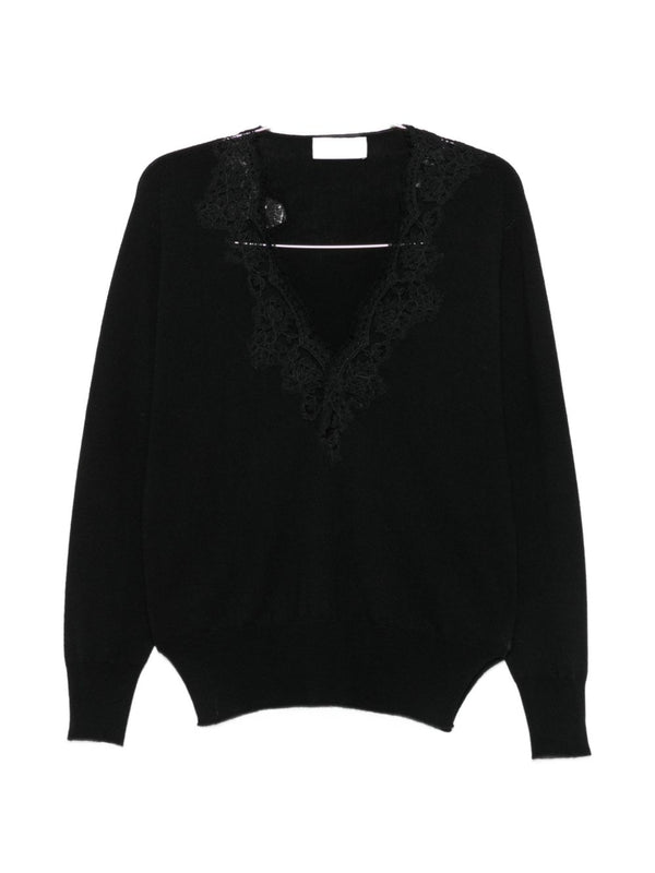 Ermanno Firenze Lace-Trim V-Neck Sweater — Black