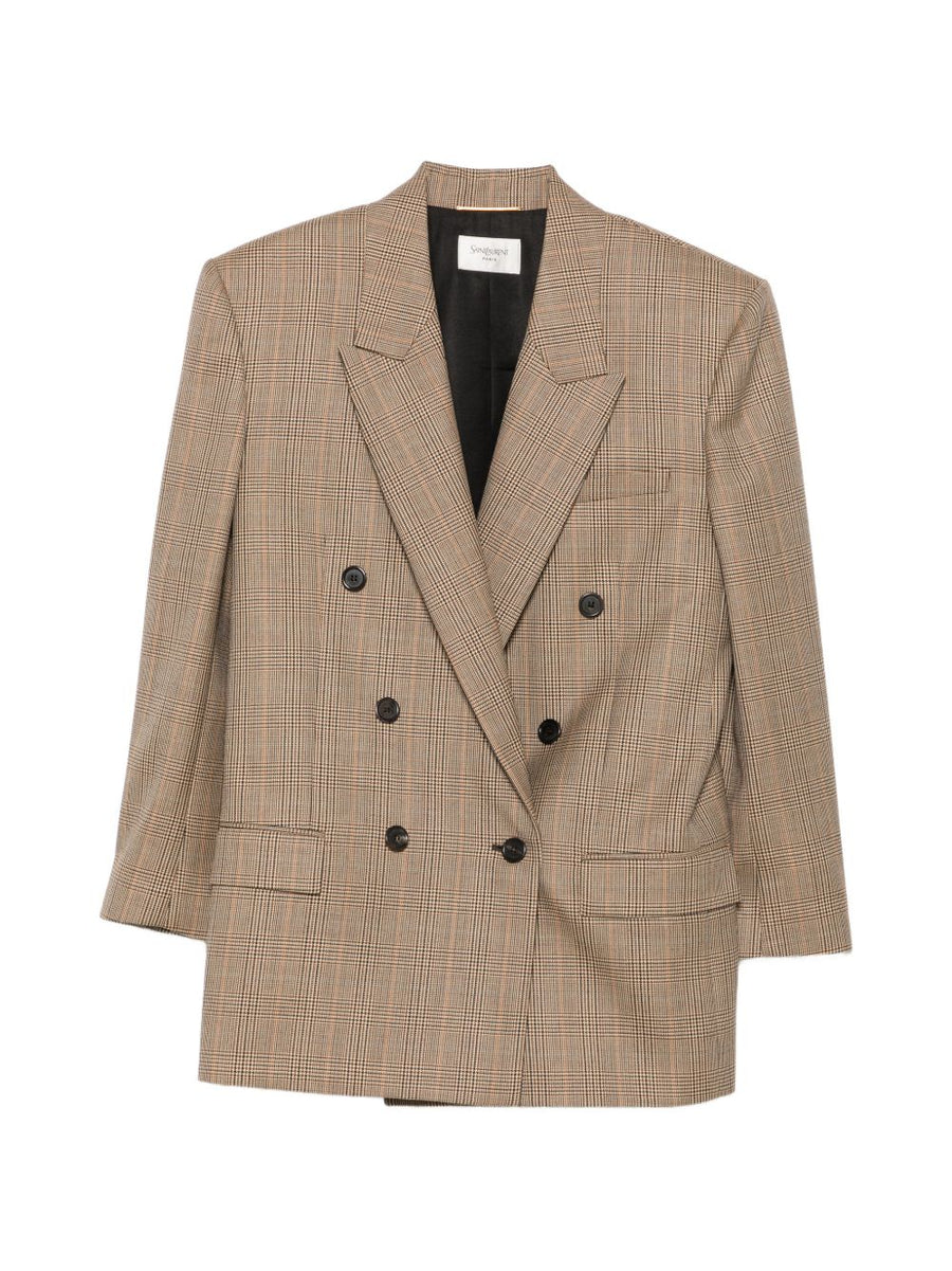 Saint Laurent Check Pattern Double-Breasted Blazer — beige