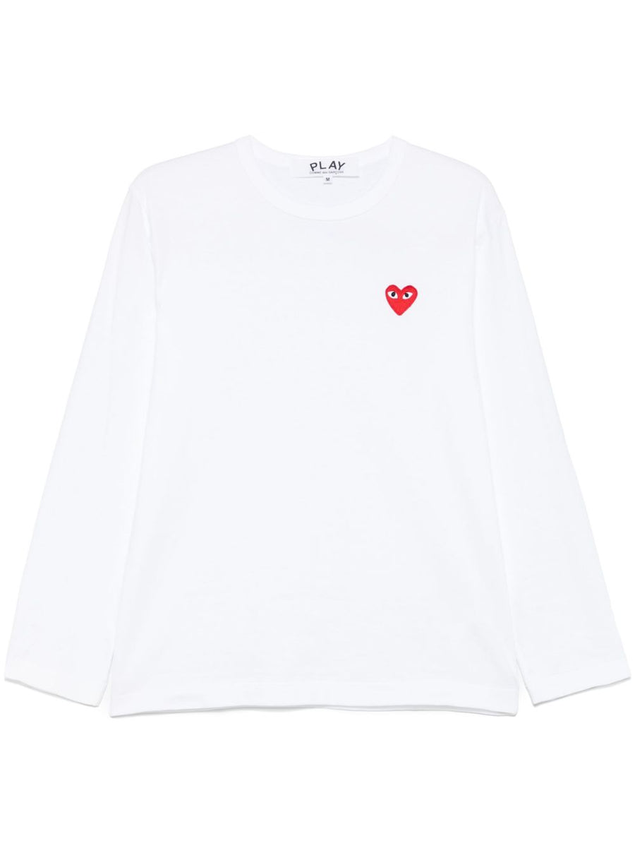 Comme Des Garcons Red Heart-Embroidered Cotton T-shirt — White