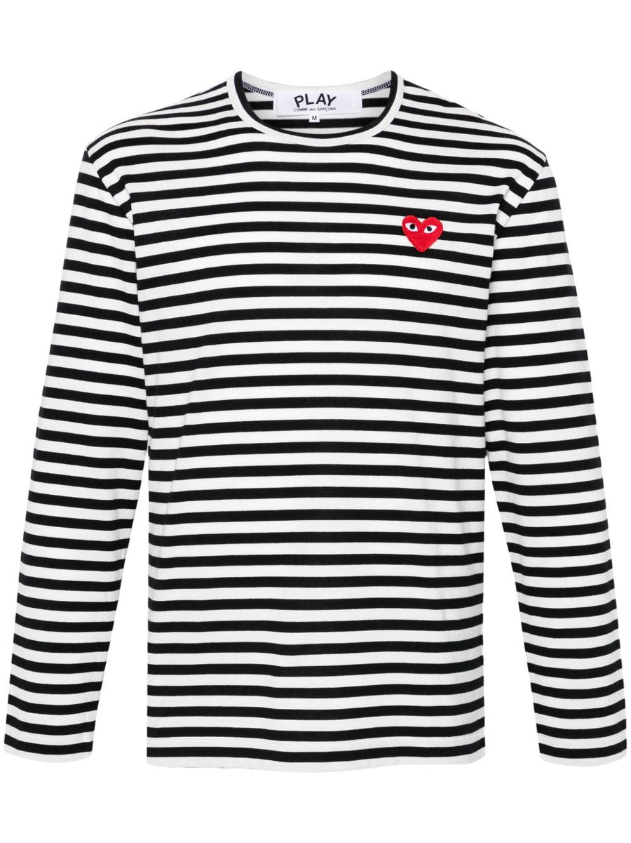 Comme Des Garcons Signature Heart-Embroidered Striped T-shirt — Black