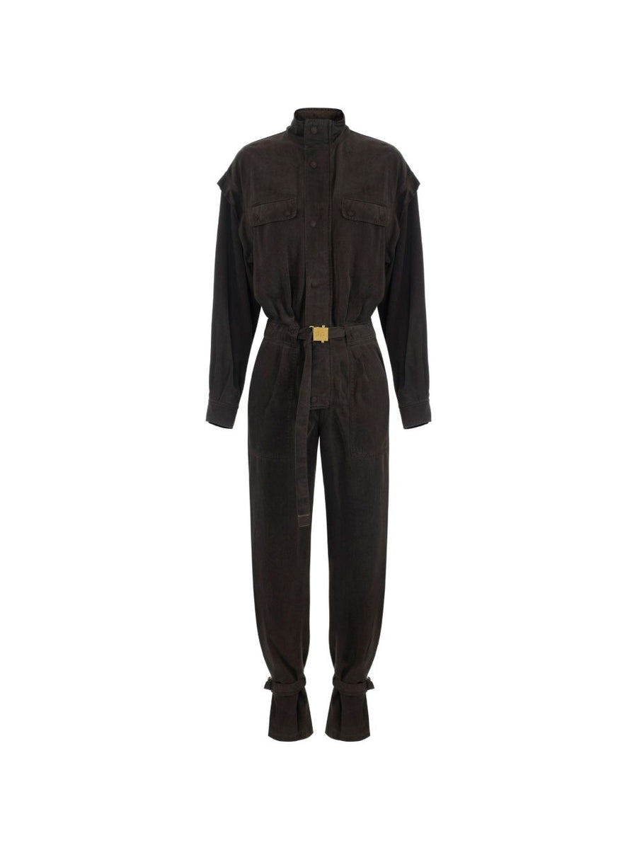 Elisabetta Franchi Workwear Denim Jumpsuit — Brown