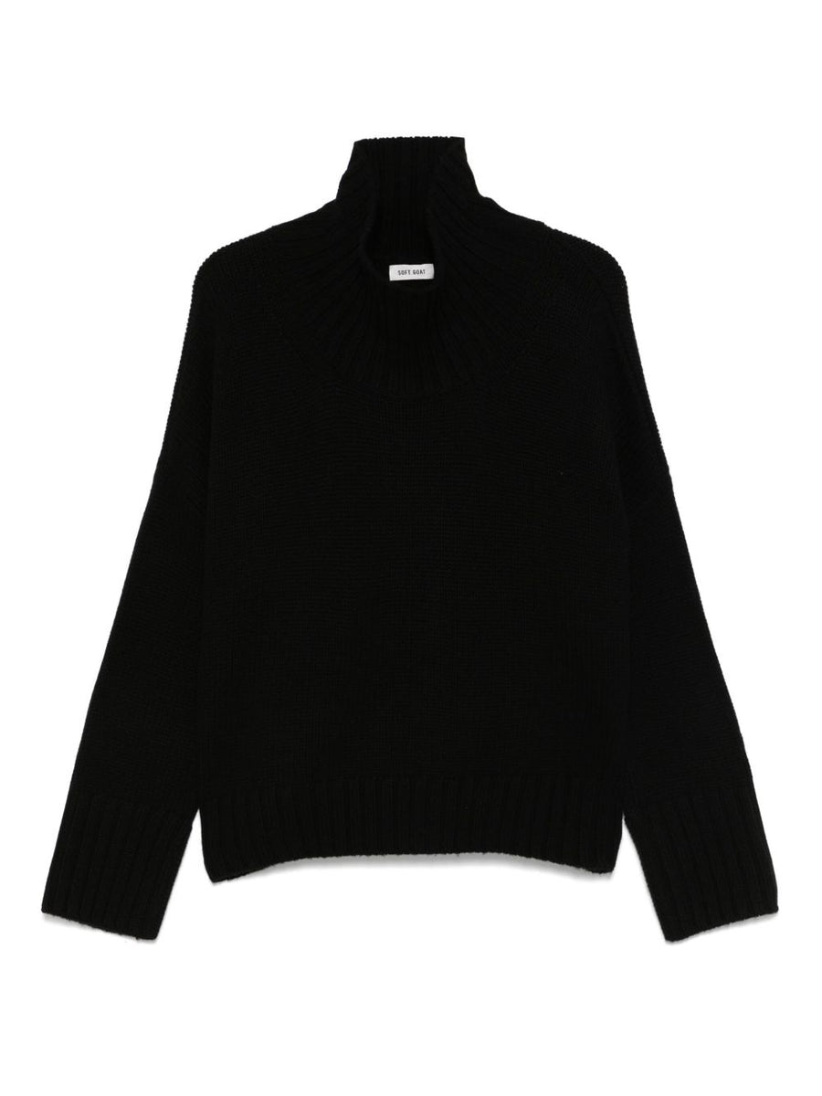 Soft Goat Ribbed Knit Turtleneck Sweater — Black
