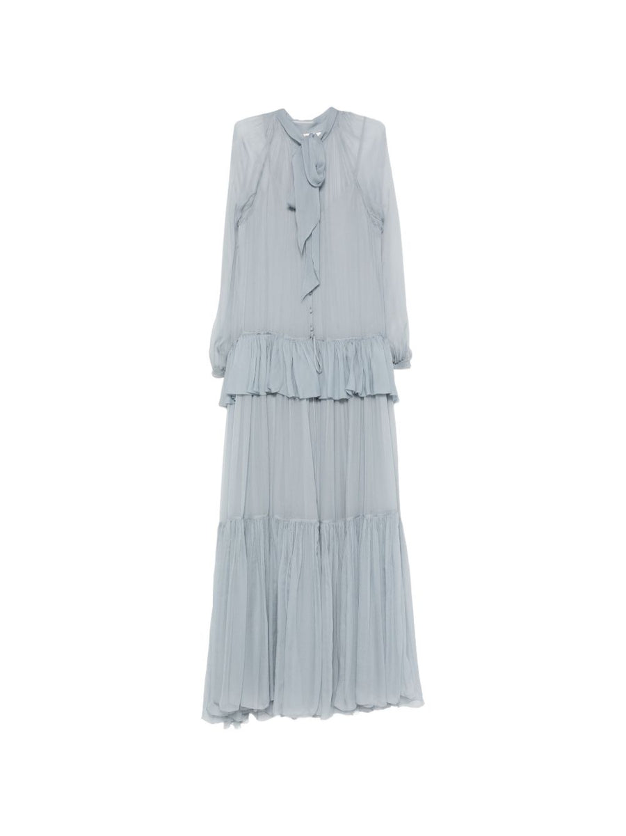 Chloé Tiered Pleated Silk Chiffon Dress — Grey