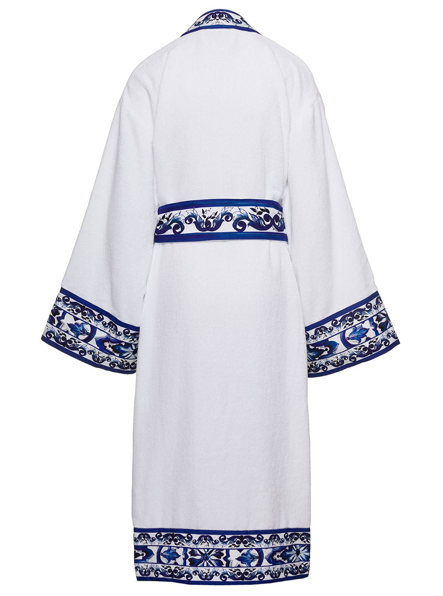 Kimono Bathrobe White With Mediterranean Blue Trim Cotton Towels & Bath Robes