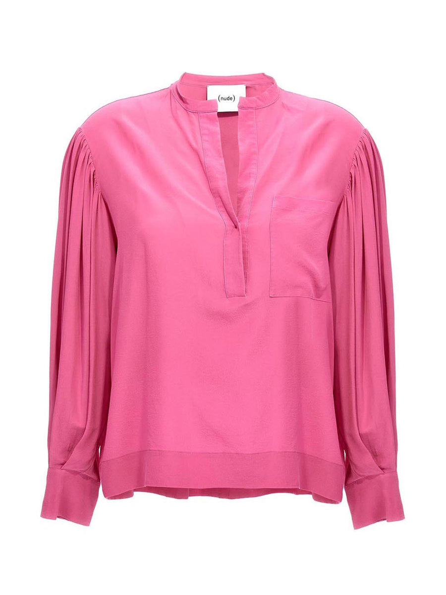 Nude Silk V-Neck Blouse — Pink