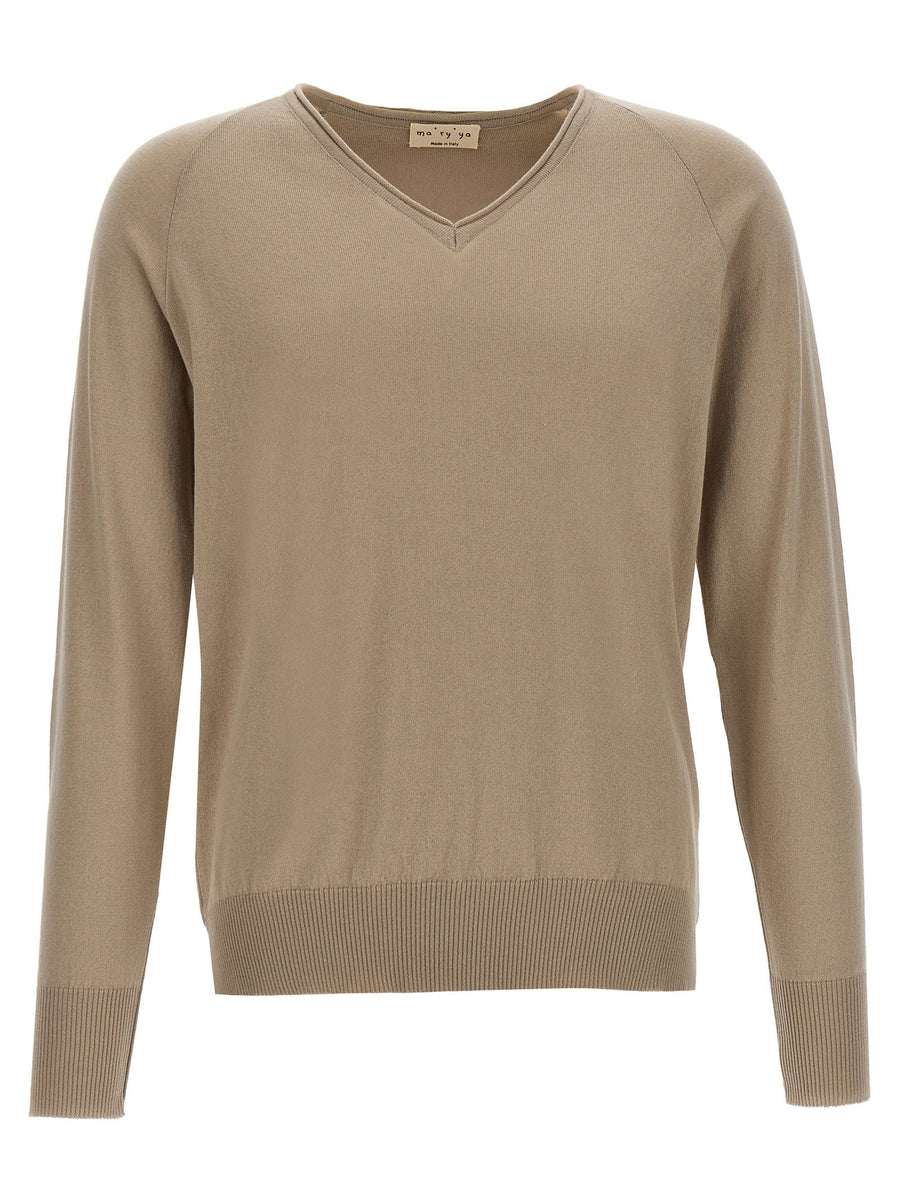 Ma'ry'ya V-Neck Cotton Sweater — Beige