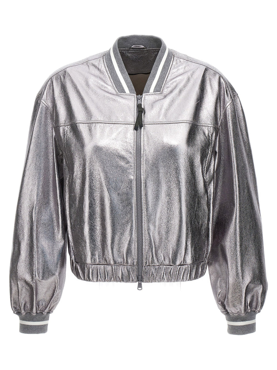 Brunello Cucinelli Laminated Leather Bomber Jacket — Silver