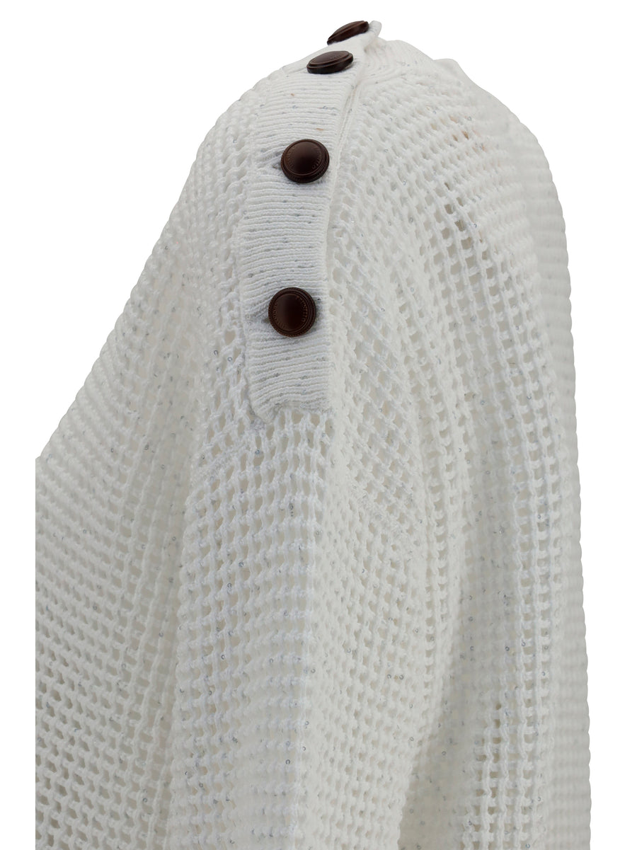 Openwork Sweater With Shoulder Buttons White Cotton