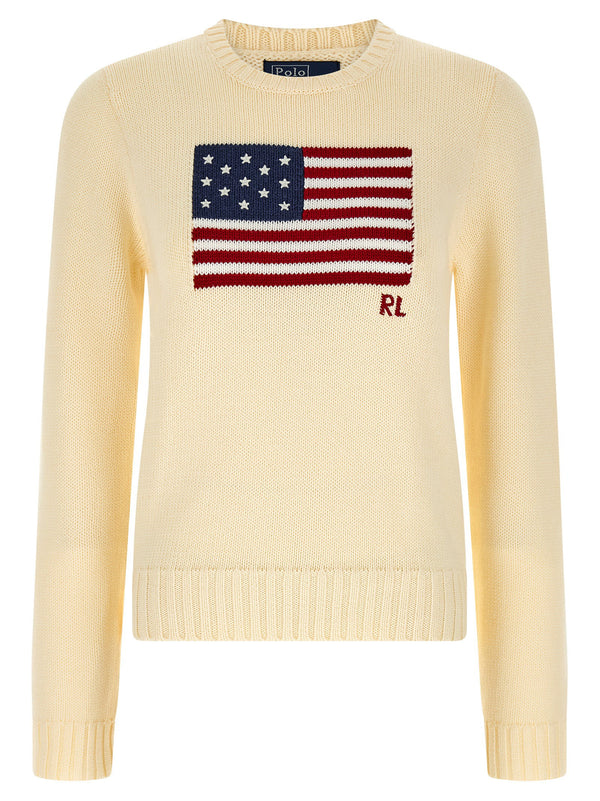 كنزة Polo Ralph Lauren بتصميم العلم الأمريكي بطريقة الإنترسيا كنزة — لون كريمي