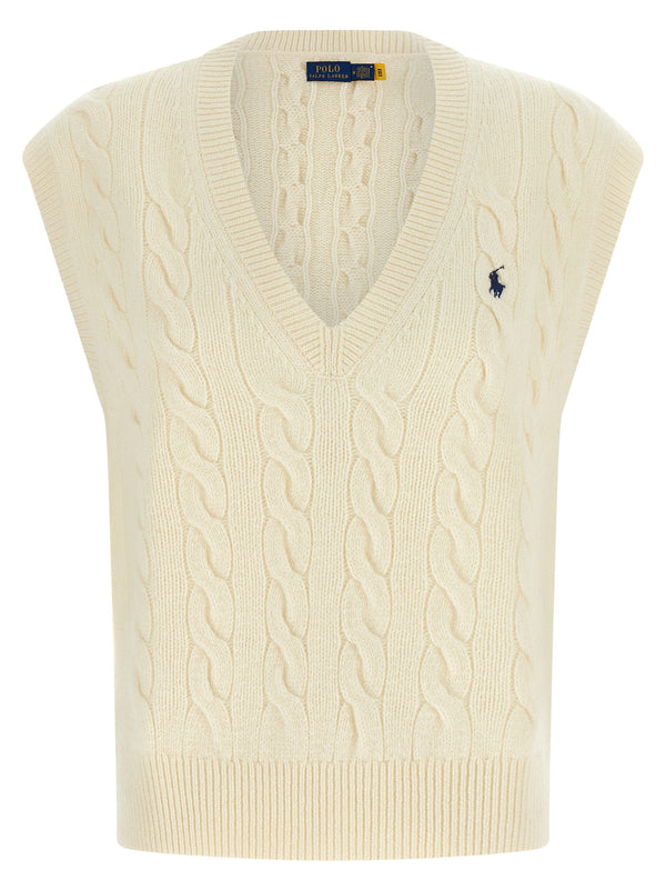 صديري Polo Ralph Lauren حياكة صوف-كشمير بتصميم حياكة ضفيرة — كريمي