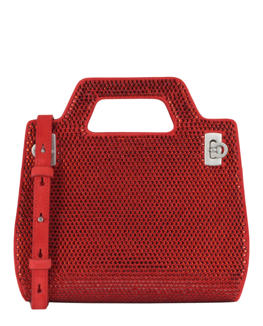 Ferragamo Suede and Crystals top handle bag in red
