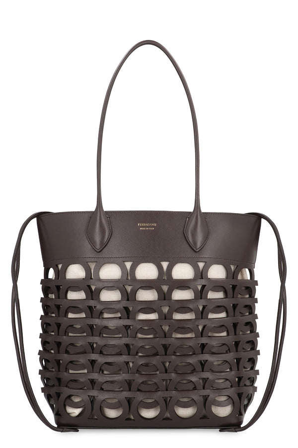 Tote Bag Gancini M Dark Brown Calf Leather; Lining: Linen