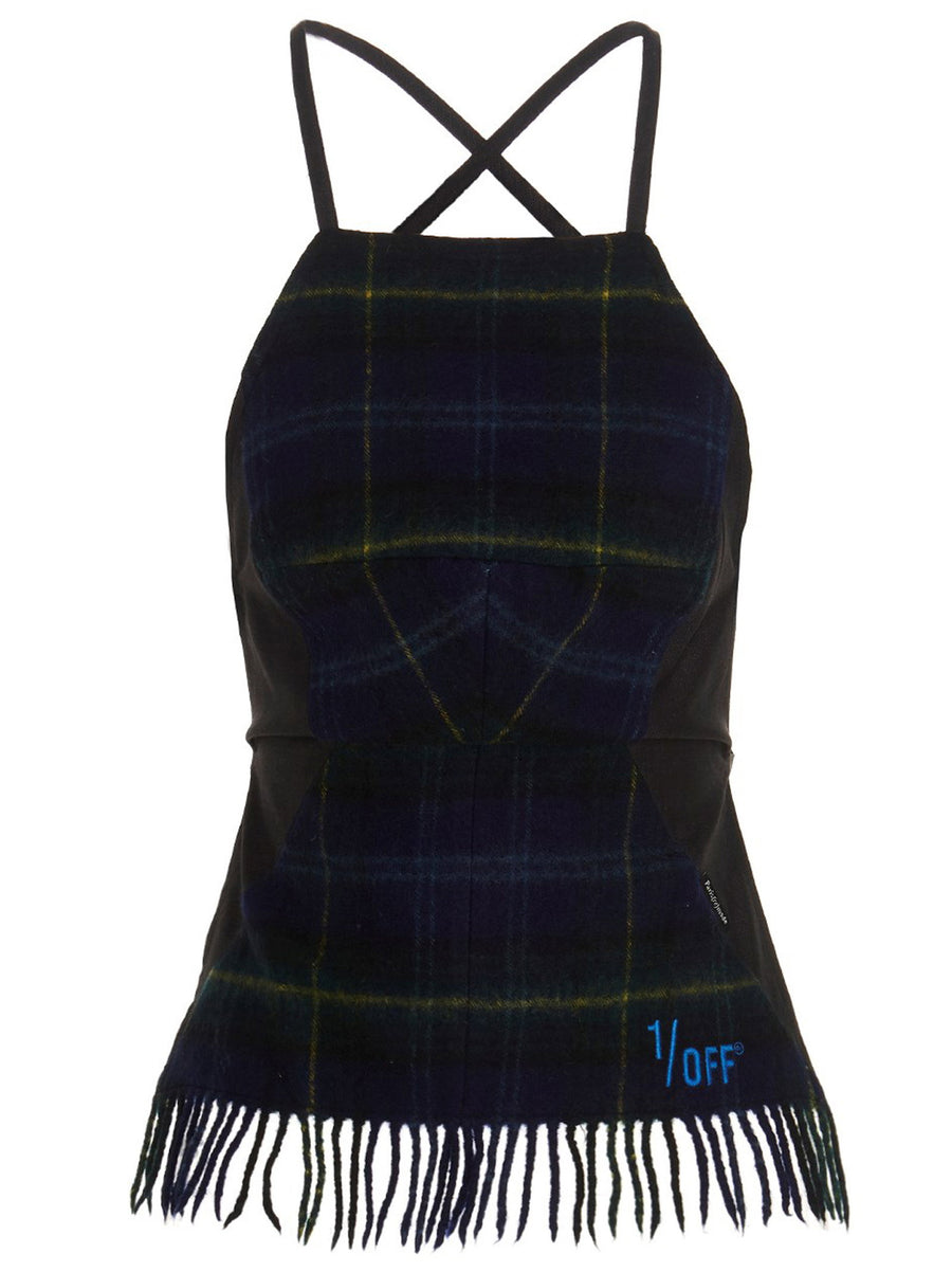 1/Off Tartan Wool with Fringe Tank Top — Navy