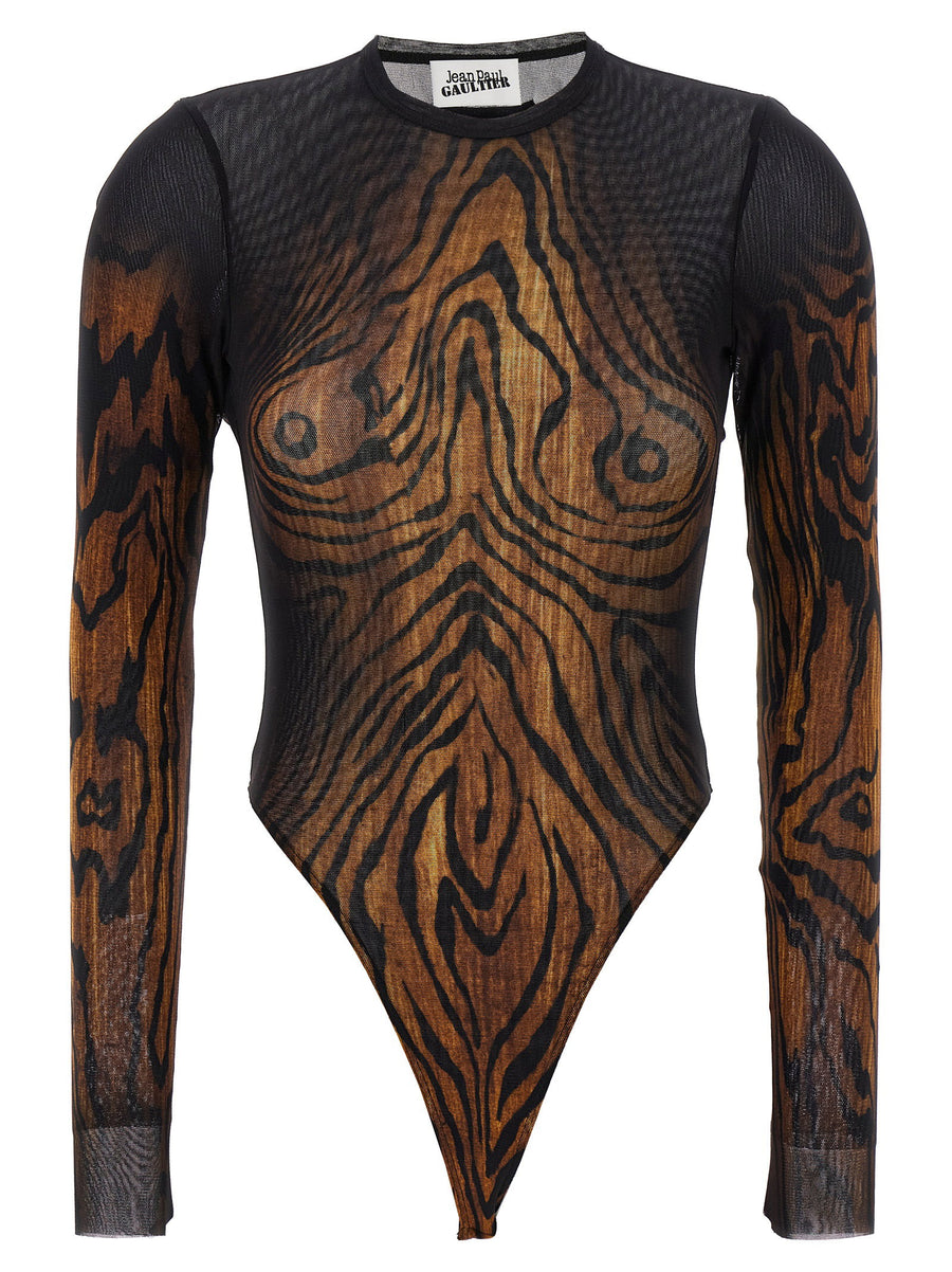Jean Paul Gaultier Wood-Print Stretch Tulle Bodysuit — Black
