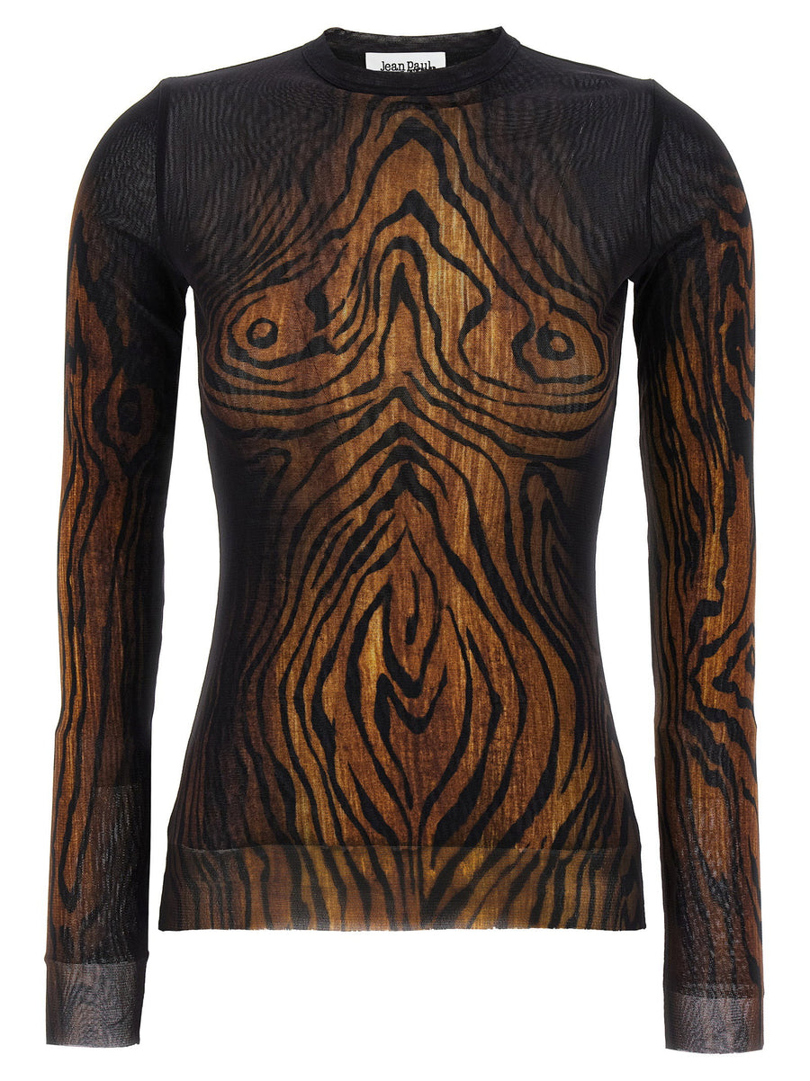 Jean Paul Gaultier Wood-Print Tulle Blouse — Black