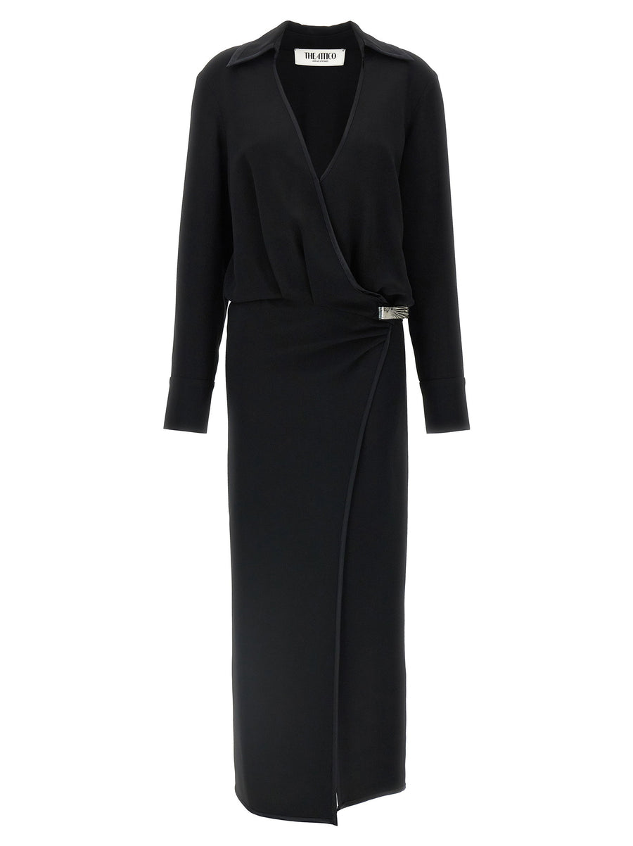 The Attico Cady Wrap with Satin Piping Wrap Dress — Black