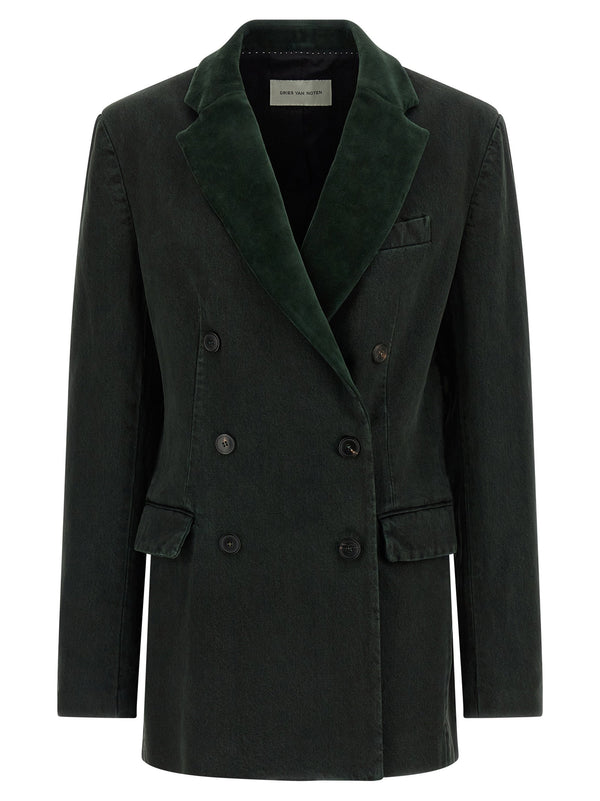 Dries Van Noten Stonewashed cotton denim with velvet collar and cotton lining blazer in black