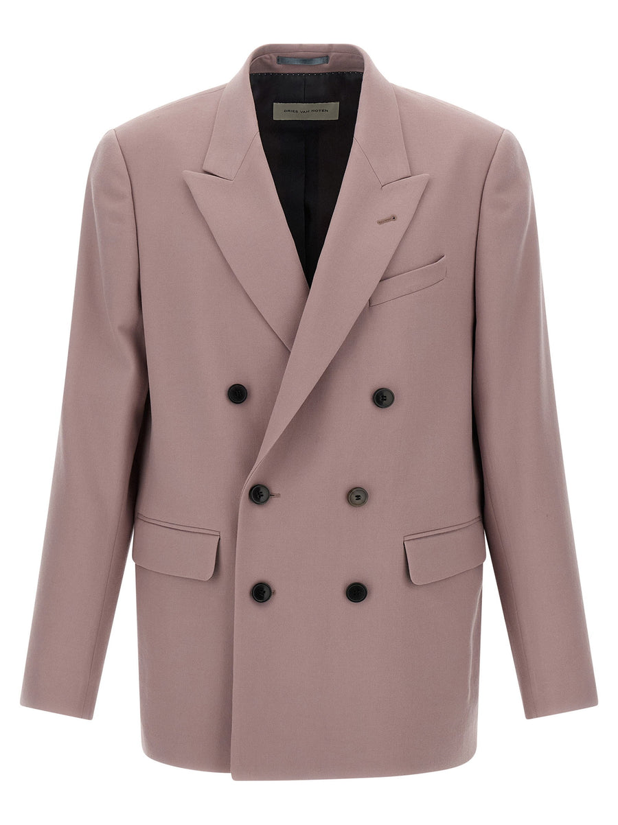 Dries Van Noten Double-Breasted Wool Blazer — Mauve