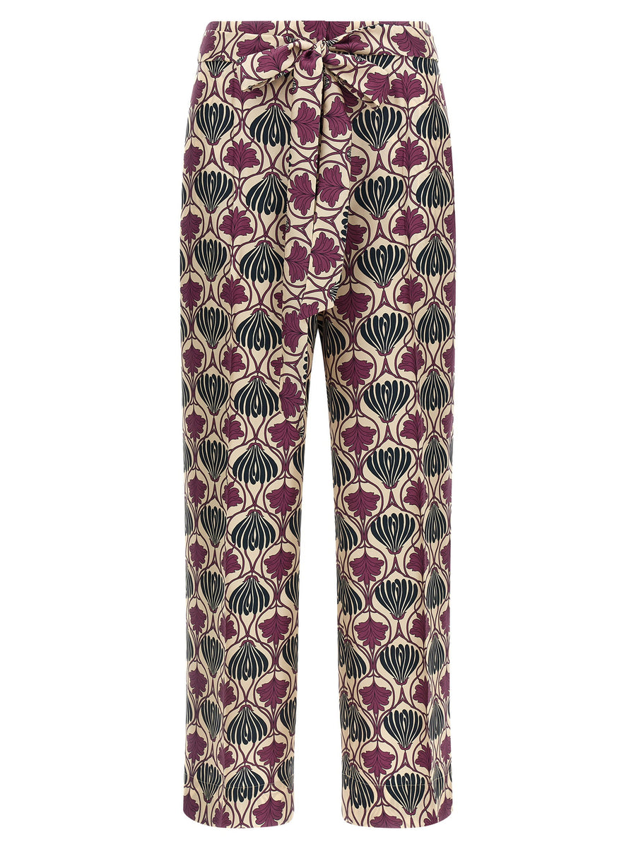 Max Mara Silk Botanical Print Trousers — Burgundy