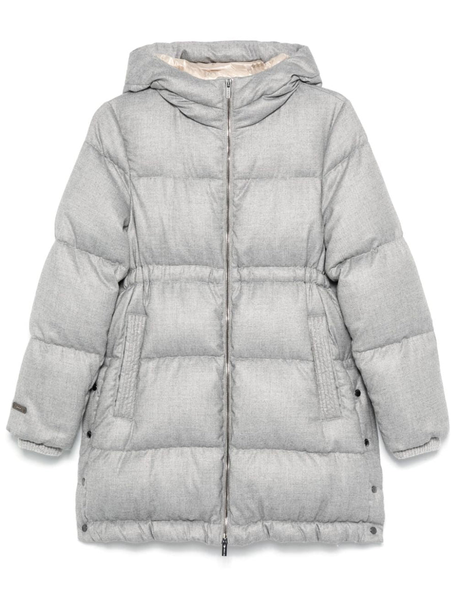 Peserico Outer: Leather 100% down coat in grey