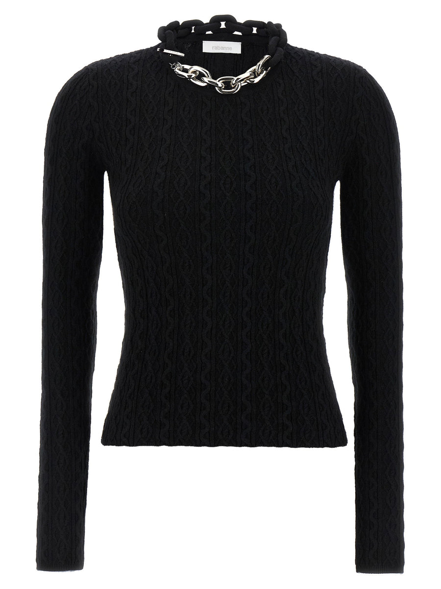 Paco Rabanne Ribbed Wool-Cashmere with Chain Neckline Sweater — Black
