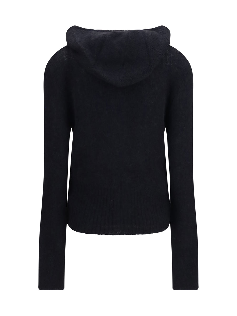 Zip-Up Hoodie Alpaca-Blend Black Fuzzy Alpaca (vicugna Pacos) Knitwear