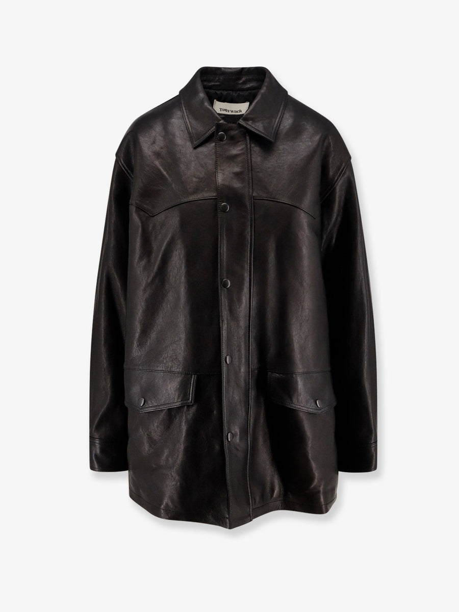 Long Padded Leather Unisex Jacket Black Pelle