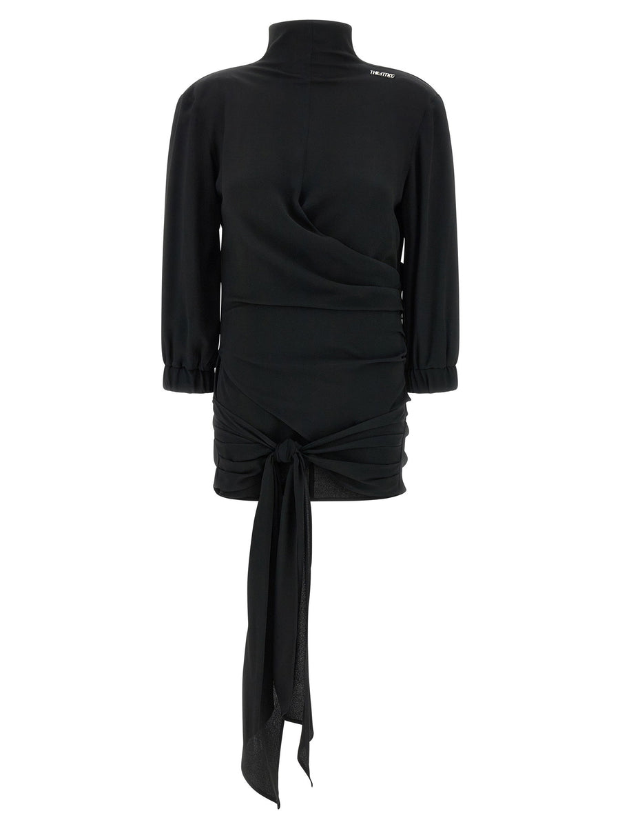 The Attico Silk-Blend Crepe with Sash Waist Blouse — Black