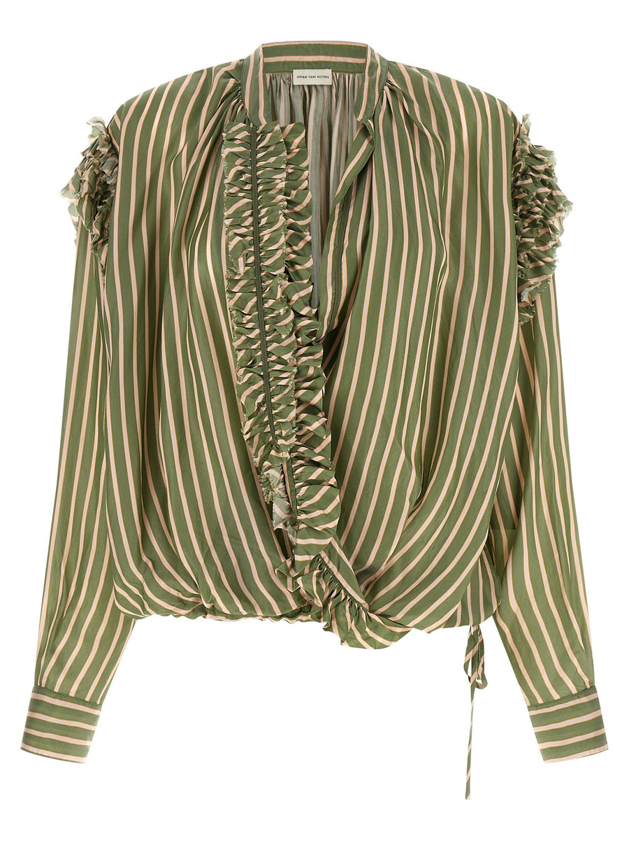قطعة كوبرو مخططة من Dries Van Noten مع كشكش زخرفة قميص — أخضر