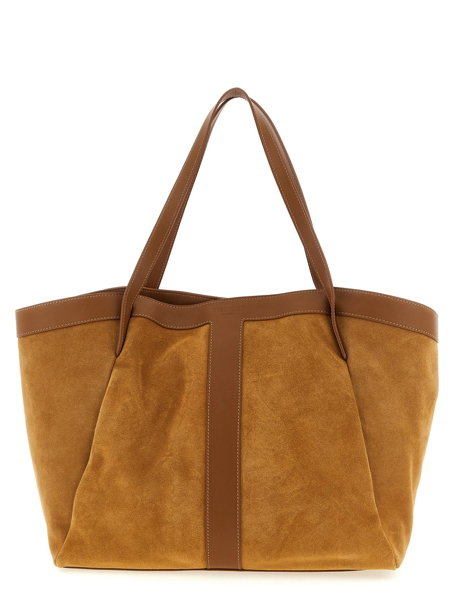 Twin Set Suede and Leather Tote Bag — Camel