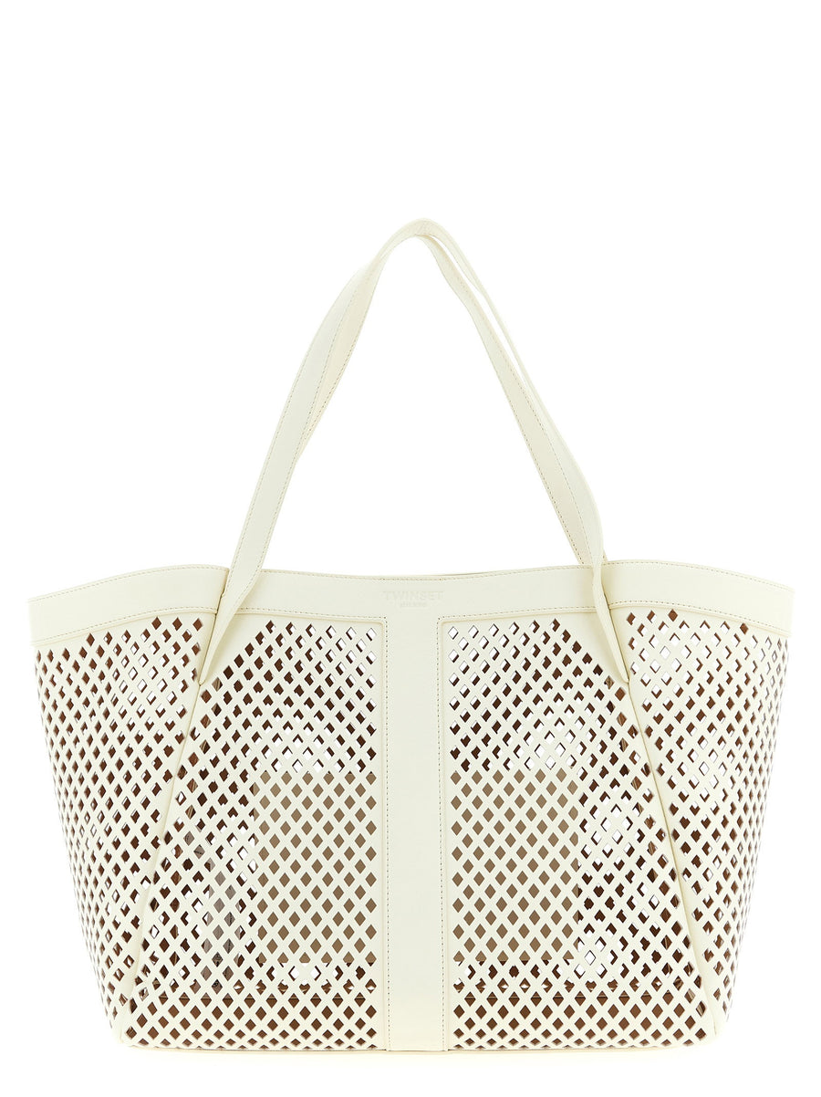 Twin Set Openwork Leather Tote Bag — Cream