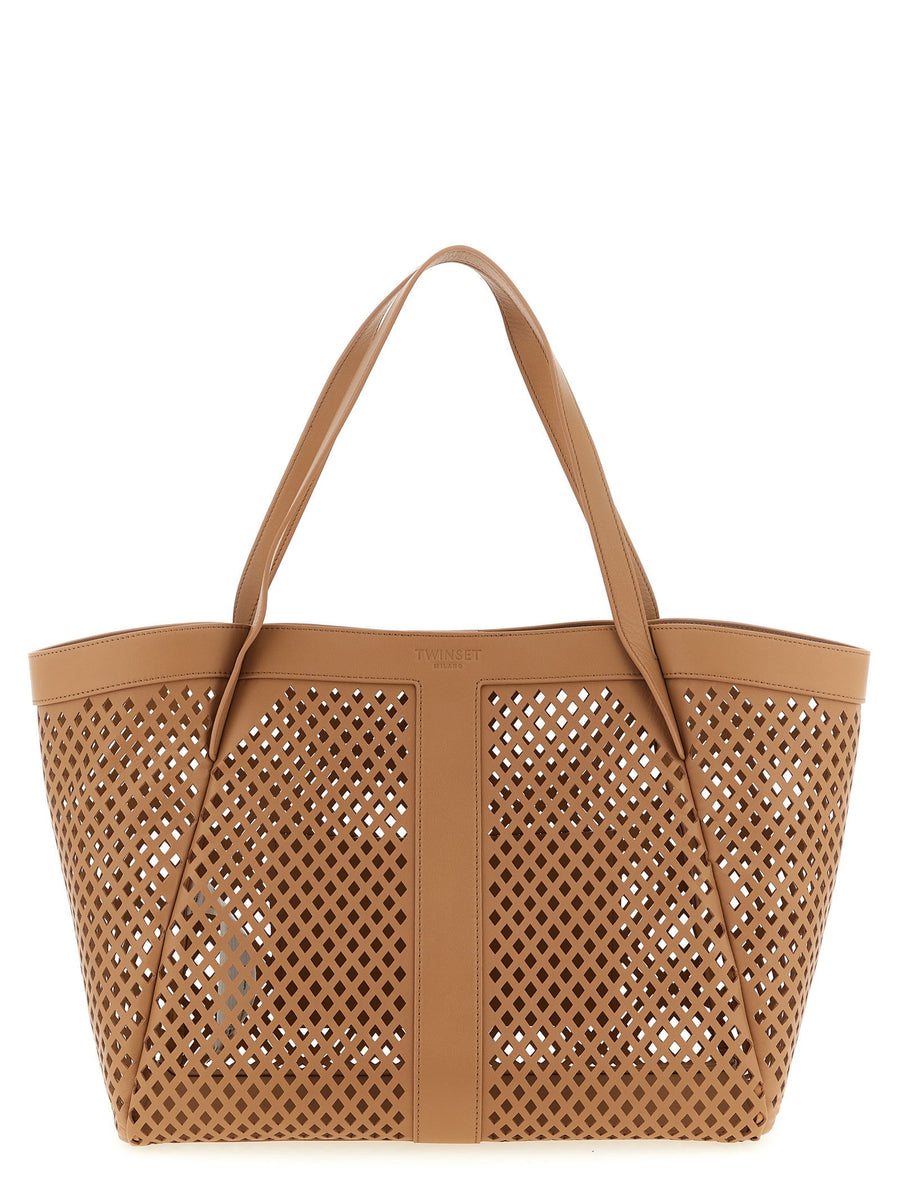 Twin Set Openwork Leather Tote Bag — Beige
