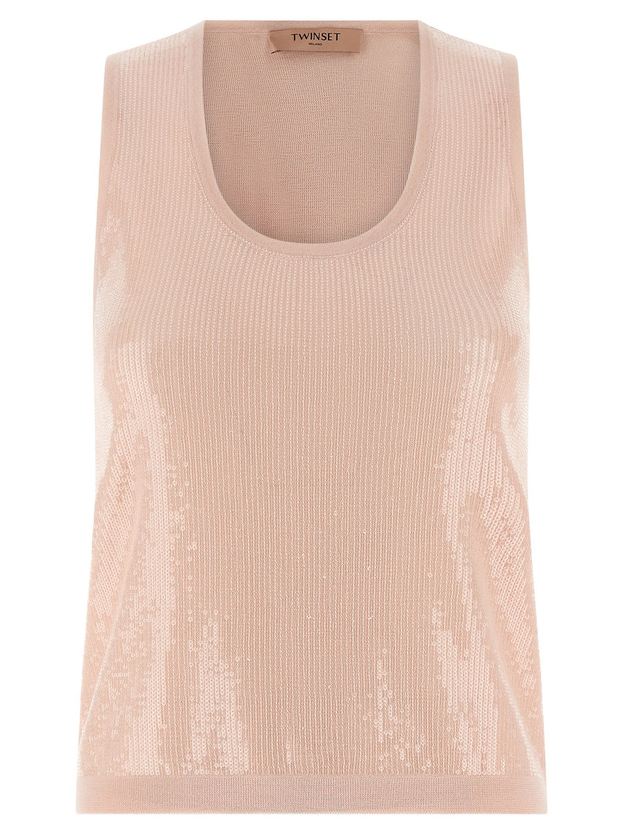 Twin Set Sequin-Embellished Cotton Blend Tank Top — Beige