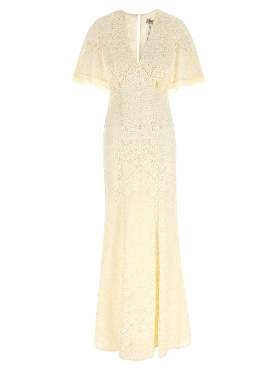 Twin Set Lace Plunge V-Neck Dress — Cream