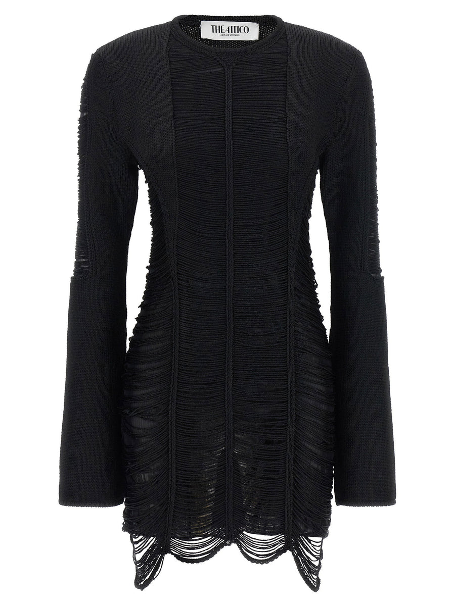 The Attico Deconstructed Fringe Knit Dress — Black