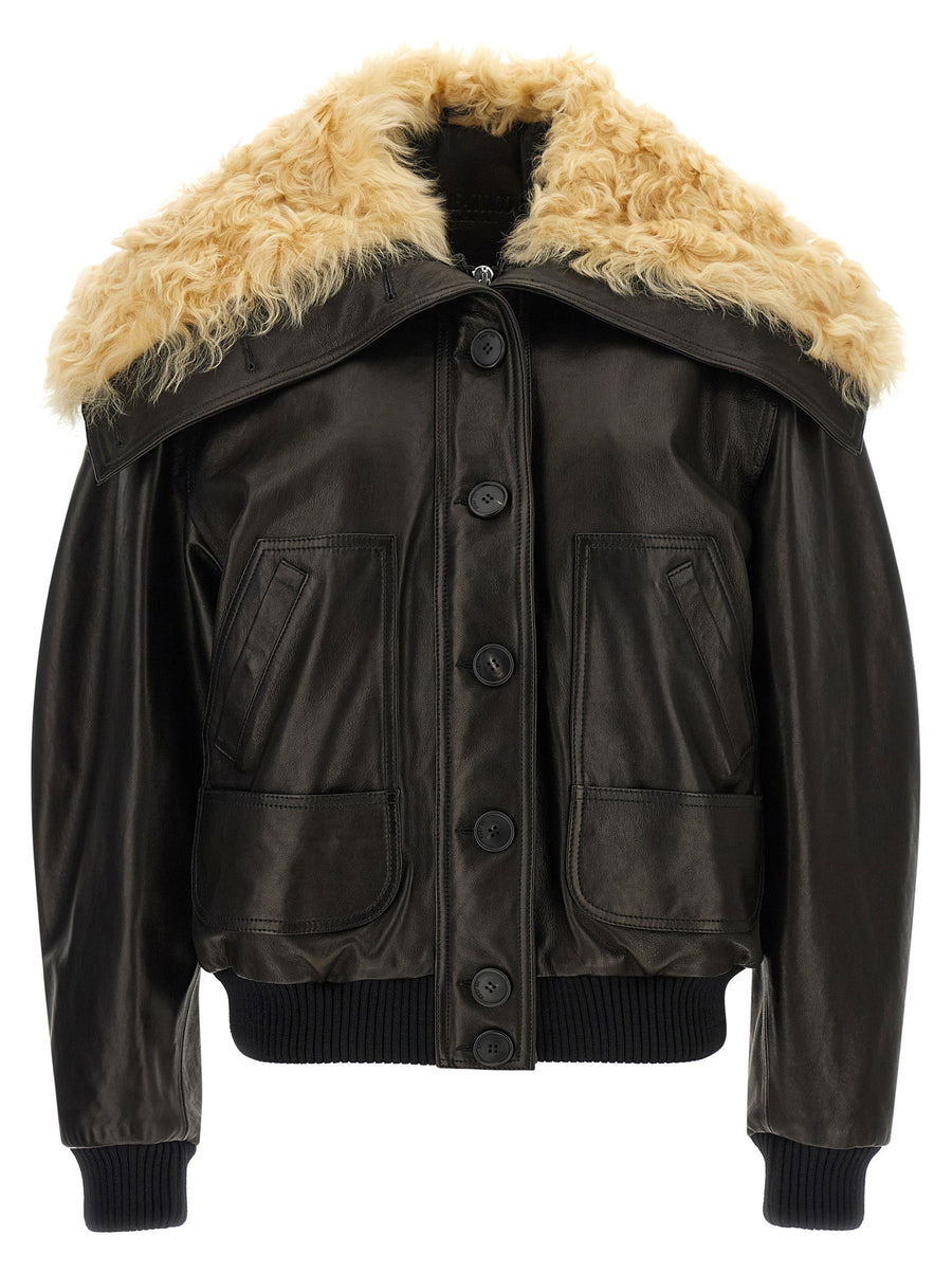 The Attico Shearling-Collar Lambskin Jacket — Black