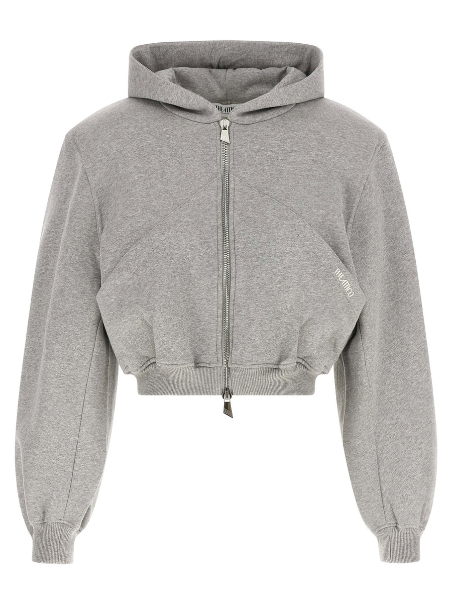 The Attico Cropped Cotton with Diagonal Stitching Hoodie — grey