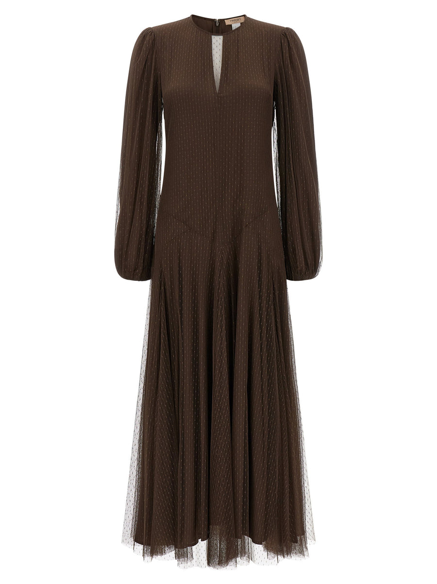 Twin Set Tulle Plumetis with Balloon Sleeves Dress — Brown
